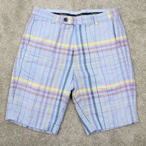 Brooks Brother Bermuda Shorts Mens 32 Blue/Yellow Baird McNutt Irish Linen 11"